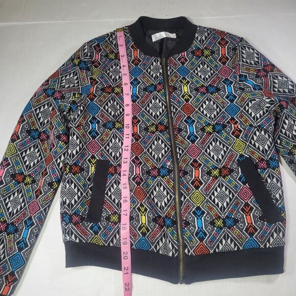 H+S Multicolor Geometric Pattern Ribbed Collar Cuffs & Hem Bomber Jacket Size S - Picture 5 of 8